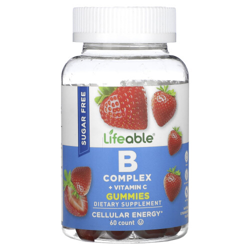 Lifeable, Complexe B + Vitamine C Gummies, Sans Sucre, Fraise Naturelle, 60 Gummies