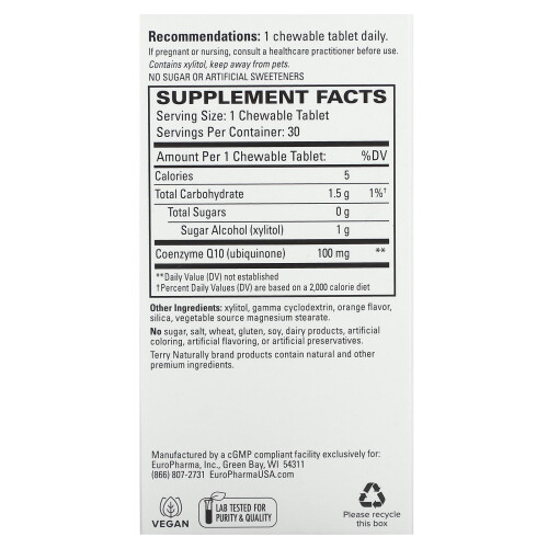 Terry Naturally, CoQ10, Orange, 100 mg, 30 Chewable Tablets 1