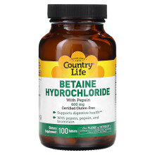 Country Life, Chlorhydrate de Bétaïne avec Pepsine, 600 mg, 100 Comprimés