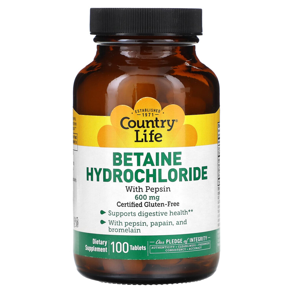 Country Life , Betaine Hydrochloride With Pepsin, 600 Mg, 100 Tablets