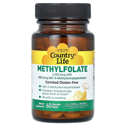 Country Life, Méthylfolate, Orange, 1 333 mcg EDF, 60 Comprimés à Croquer