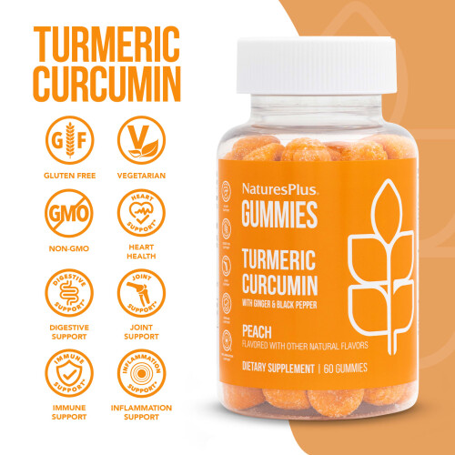 NaturesPlus, Turmeric Curcumin With Ginger & Black Pepper, Peach, 60 Gummies 1