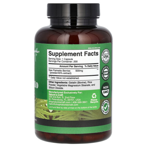Nature's Craft, Palmier Nain, 500 mg, 200 Capsules 1