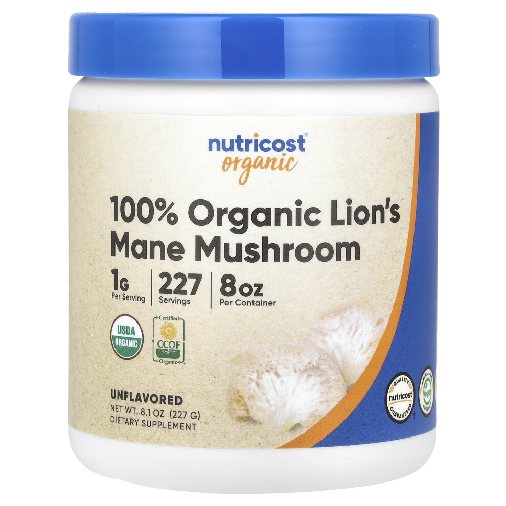 Nutricost , 100% Organic Lion's Mane Mushroom, Unflavored 8.1 Oz (227 G)
