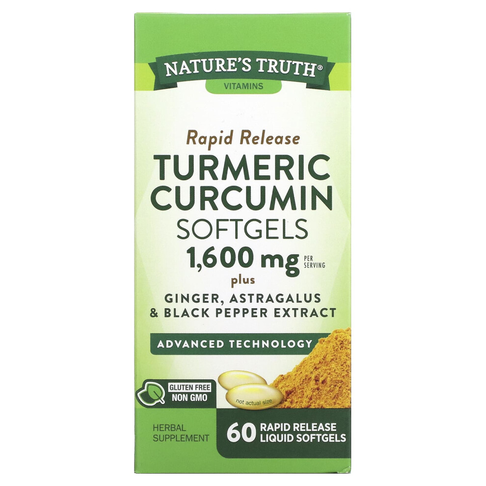 Nature's Truth Black Turmeric Curcumin Plus Ginger, Astragalus And Pepper Extract, 1,600 Mg, 60 Rapid Release Liquid Softgels (800 Mg Per Softgel)