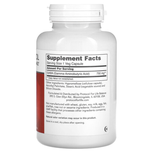 Protocol for Life Balance, GABA, 750 mg, 120 Capsules Végétaliennes 1