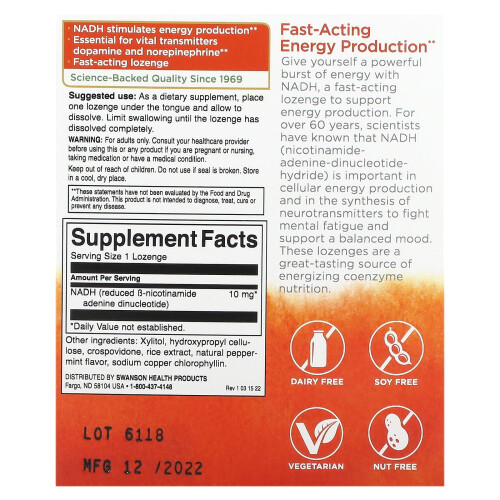 Swanson, NADH, Pfefferminze, 10 mg, 30 Lutschtabletten 1