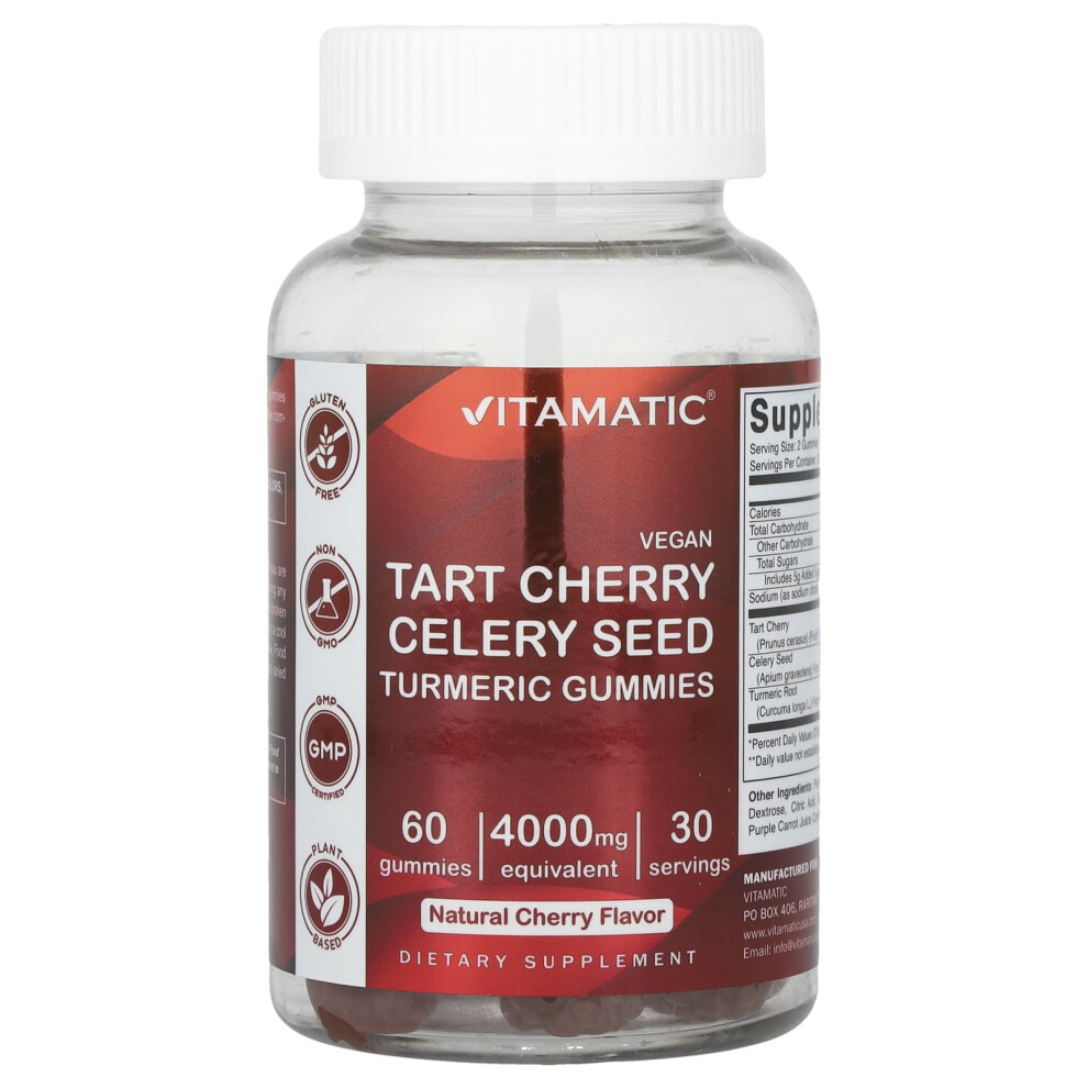 Vitamatic , Vegan, Tart Cherry Celery Seed Turmeric Gummies, Natural Cherry, 4,000 Mg, 60 Gummies (2,000 Mg Per Gummy)