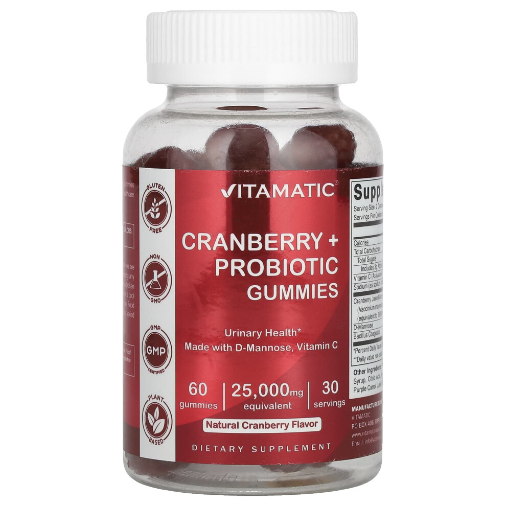 Vitamatic , Cranberry + Probiotic Gummies, Natural Cranberry, 25,000 Mg, 60 Gummies (12,500 Mg Per Gummy)