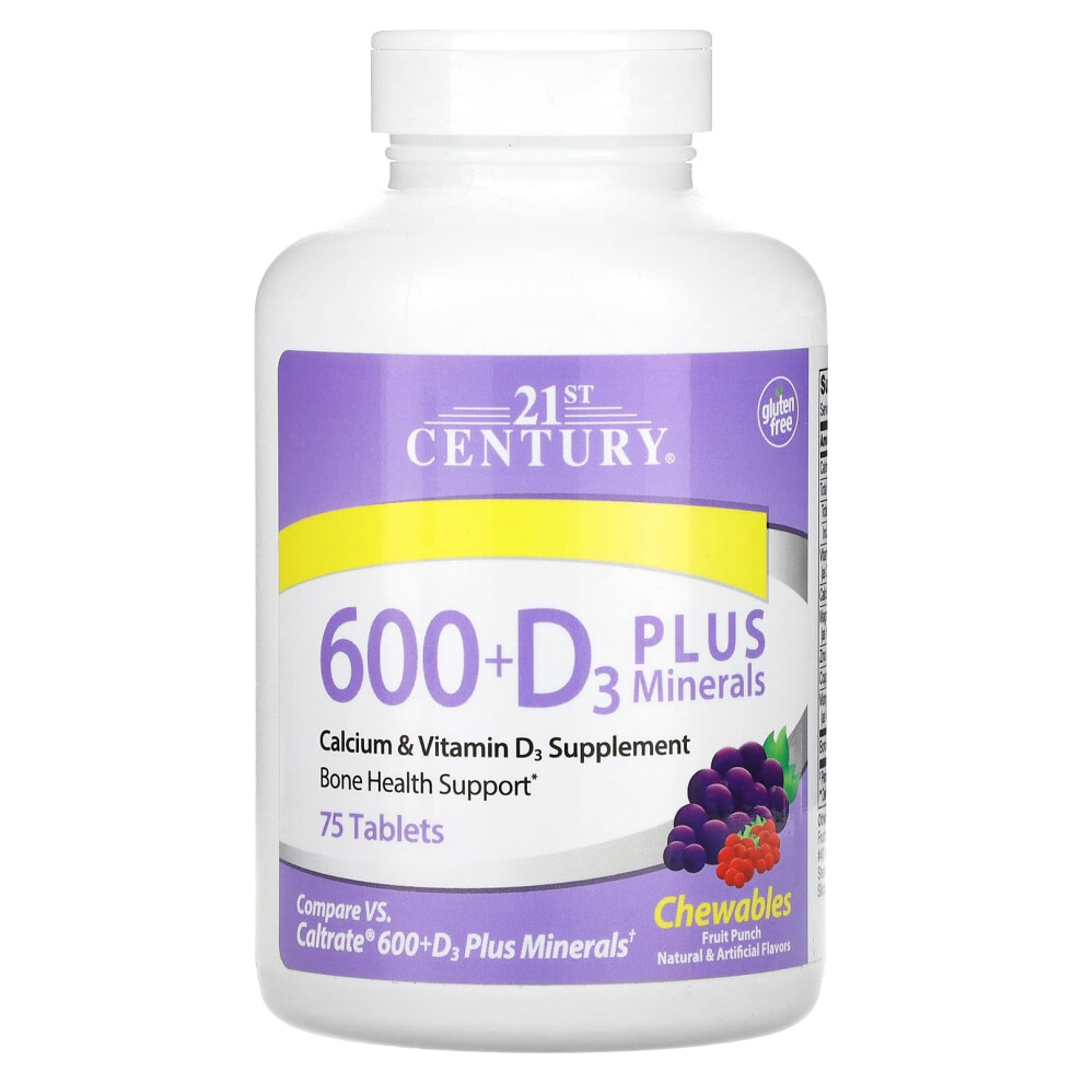 21St Century , 600 + D3 Plus Minerals, Fruit Punch, 75 Chewable Tablets