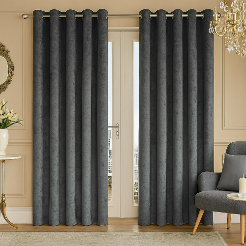 (Grey Velvet) 90" width 90" drop - Velvet Curtains Ring top Eyelet Ready Made Lined Pair Panel Crushed
