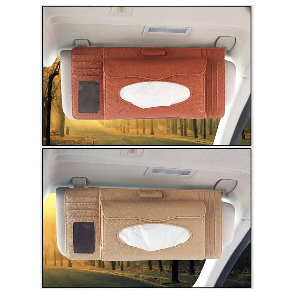 Vehicle Tissue Box With Pu Material Sun Visor Pen Cd Holder Beige 3054252245228