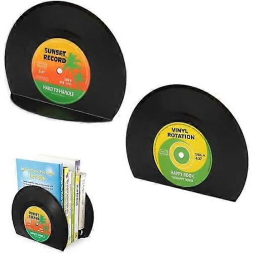 2 pcs Record-shaped Bookends Black Stable Non-slip Base Vintage