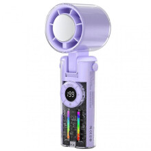 (Transparent Purple)Ice Cooling Hand Fan Digital Display usb Charging Small Electric Fan for Outdoor