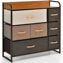Chest of drawers with 7 fabric drawers, steel frame, wooden top