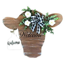 Welcome Porch Sign Cow Head Shaped DIY Craft Acrylic Ornament Door Hanger for Home (Brown)