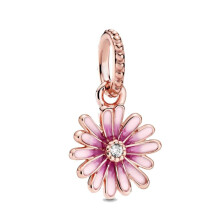 New Bead Pink Daisy Flower Dangle Charm for DIY Bracelets, Compatible with Fine Beads Jewelry, Handmade, 15mm