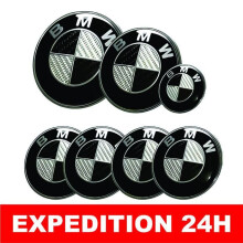 7 Badge LOGO Emblem BMW Carbon Black Grey Hood 82mm + Trunk 74mm + Steering Wheel + 4 x hub cap 68mm