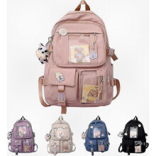 Women's Stylish Nylon Backpack - Waterproof School Bag for Teens, Travel Rucksack with Decorative Pendant and Accessories, Student Bookbag