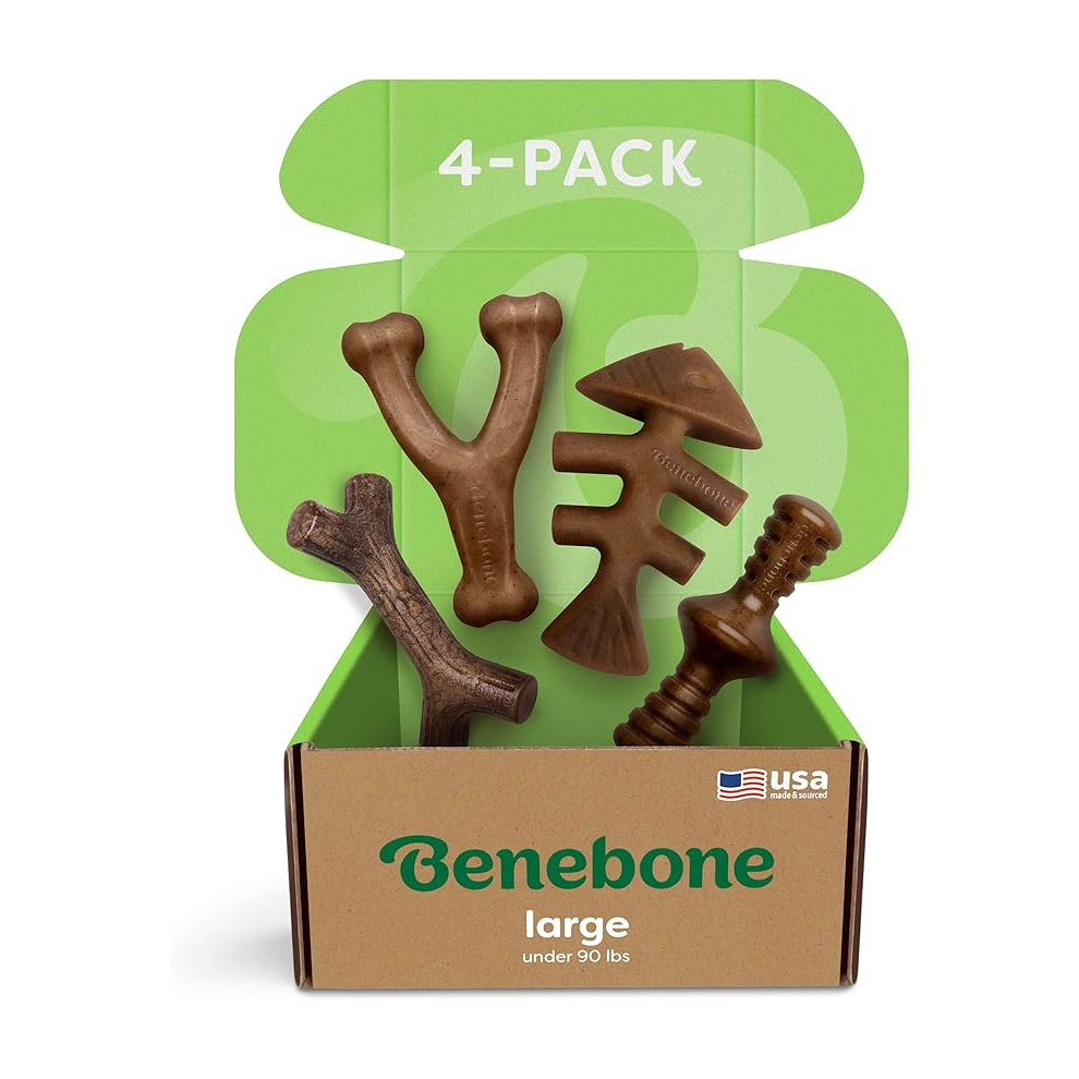 Benebone Indestructible Dog Chew Toy Gift Box for Aggressive Chewers with Wishbone, Fishbone, Stick & Zaggler, Long Las