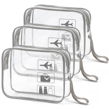 Pack of 3 Transparent Cosmetic Bags, 1 Litre PVC Toiletry Bags for Travel, Airport Compliant, Gray Accessories for Men and Women