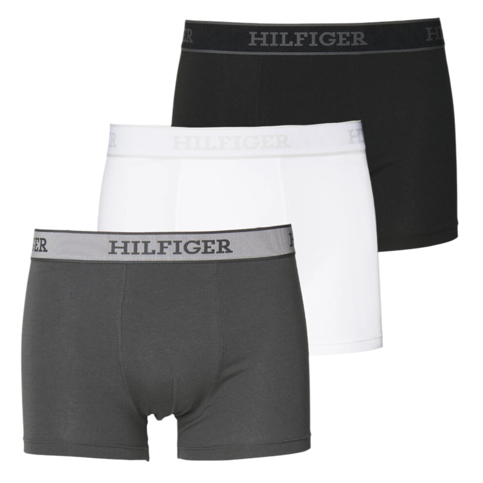 (Black, White, Dark Ash, S) Tommy Hilfiger Mens Trunks 3 Pack Hilfiger Monotype Repeat Logo Stretch Trunks