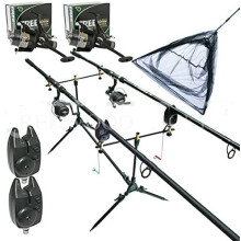 OAKWOOD Complete Carp Fishing Rod Pod with 2 x 12ft Rods, 2 x 3BB Bait Runner Reels with line, 2 x Bite Alarms and 42" Net and Handle