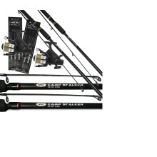 2x Black Carp Fishing Stalker 8ft 2lbTC Rods & Reels Set Up With FREE TACKLE SET