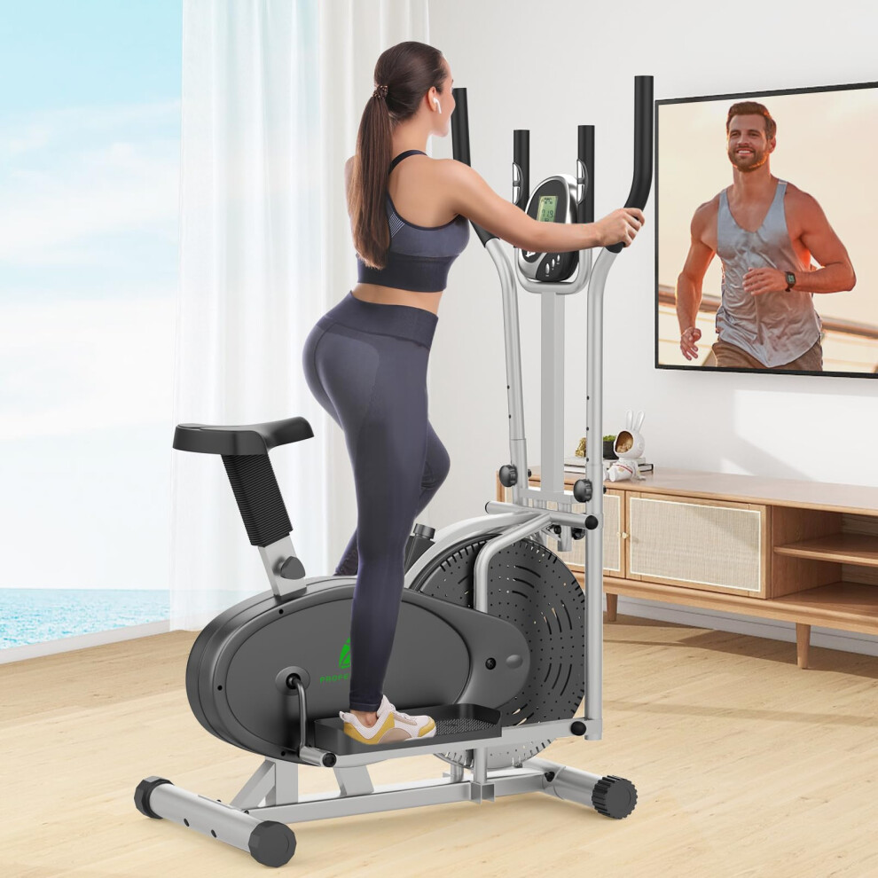 Cowmew Elliptical Cross Trainer, 2 in 1 Cross Trainer Exercise Bike with Adjustable Seat, LCD Monitor, Pulse Sensor & Adjustable Resistance, Max