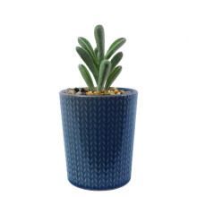 Leaf Ceramic Stripe Planter with Artificial Plant