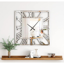 DEENZ 40X40Cm Full Mirrored Wall Clock Large Roman Numeral Clock Silver Finish Modern Home Decorative Mount (Square)