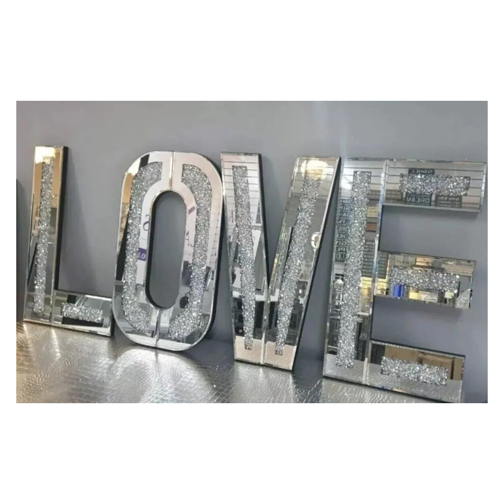 Biznest Crushed Crystal Diamond Mirror Home Love Letters Wall Hung Size 35X25cm (Love) Silver