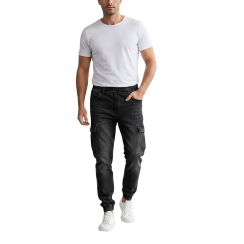 (Black, W:L L29) Mens Cargo Denim Jeans Regular Fit Joggers Casual Trousers Stretch Bottom Pants