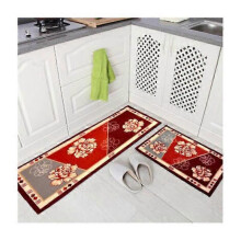 2pcs Non-slip Kitchen Mats Rubber Backing Protective Mat (red peony 50X80+50X150cm)