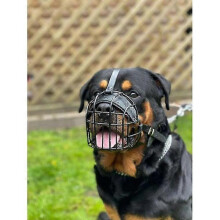 STRONG wire basket dog muzzle Rottweiler, Mastiff Golden Retriever & others (R1, Black/Black Leather)