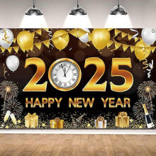 Black Gold Happy New Year 2025 Backdrop Party Banner Family Portrait Decorations Wallpaper Photo Booth Props
