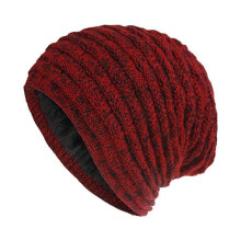 (Purplish red and black) Beanie Men Autumn and Winter New Knitted Beanie Fleece Lined Warm Ear Protection