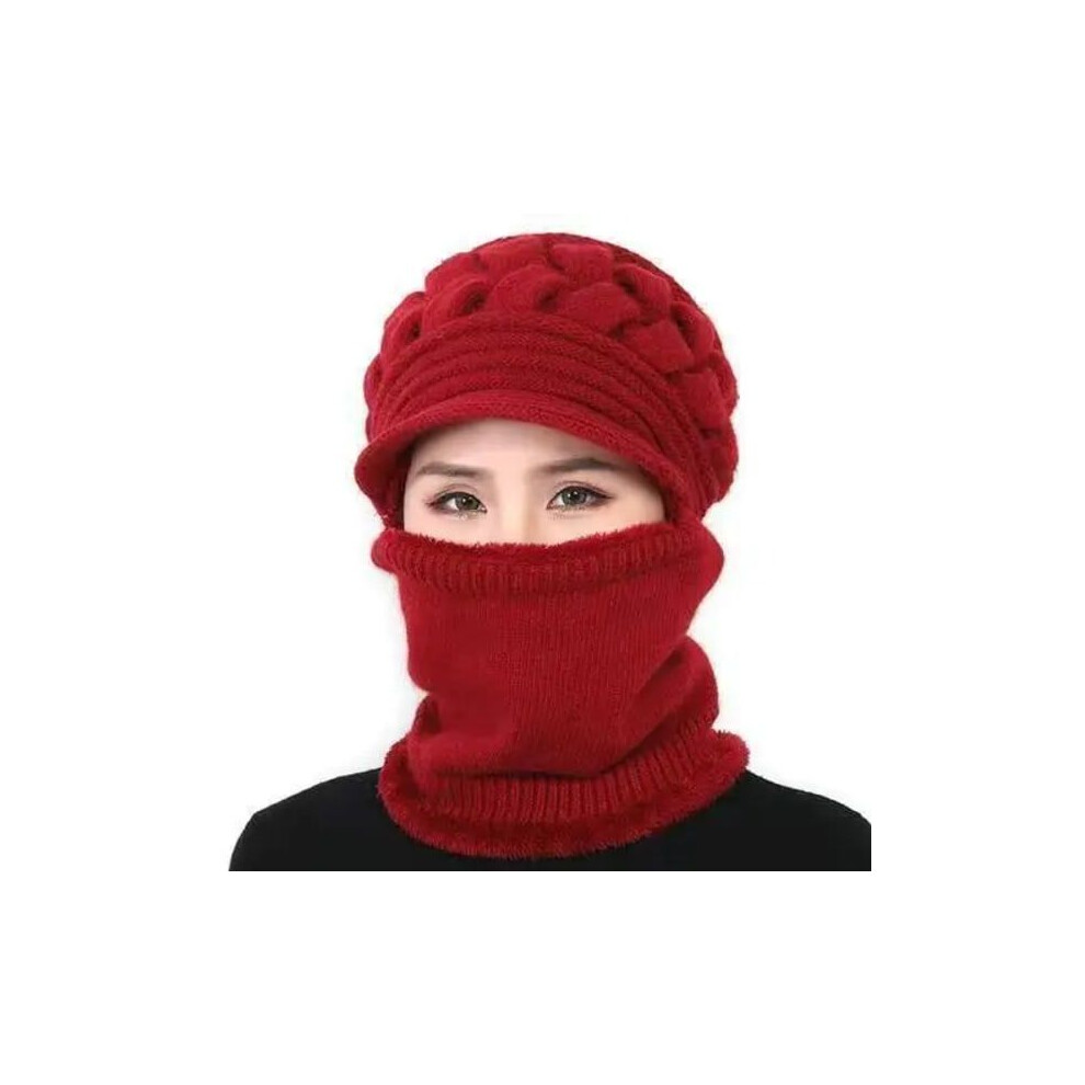 (Rouge) Nouveau bonnet d'hiver en polaire corail Bonnets Bonnet pour femme Écharpe Bonnet tricoté chaud