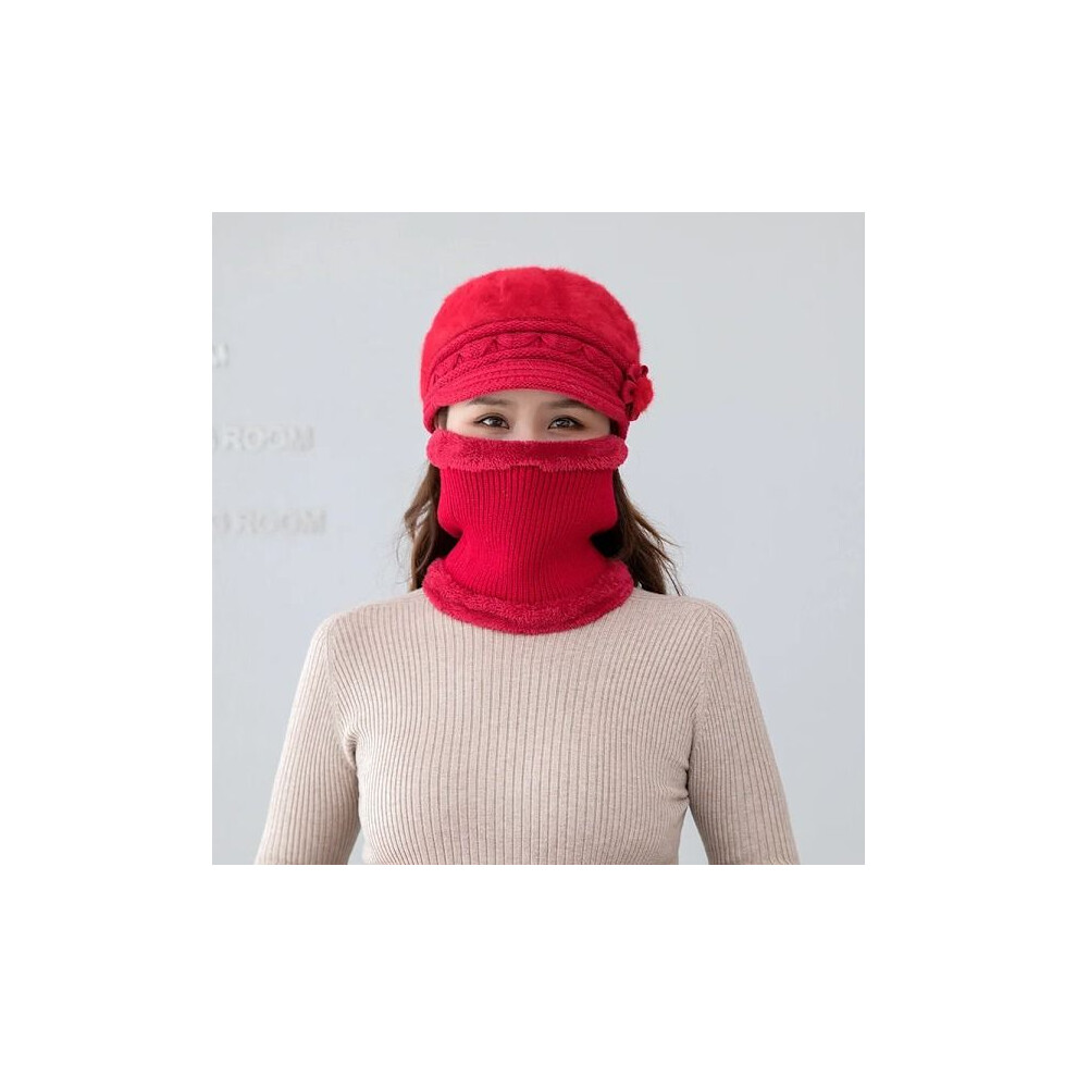 (Rouge 2pc) Nouveau bonnet d'hiver épais et chaud tricoté bonnet écharpe mitaines ensemble 3 pièces