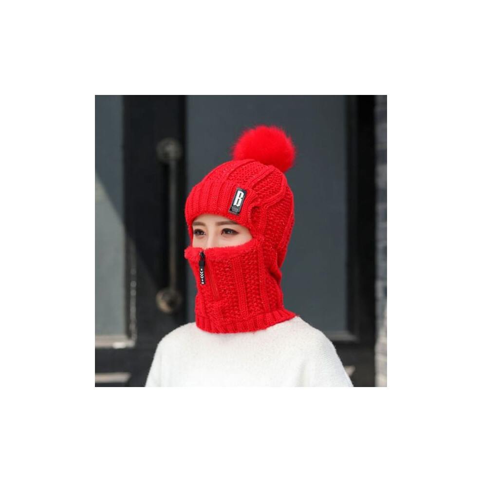 1 bonnet de ski tricoté en laine coupe-vent pour l'hiver et l'extérieur, écharpe siamoise épaisse rouge