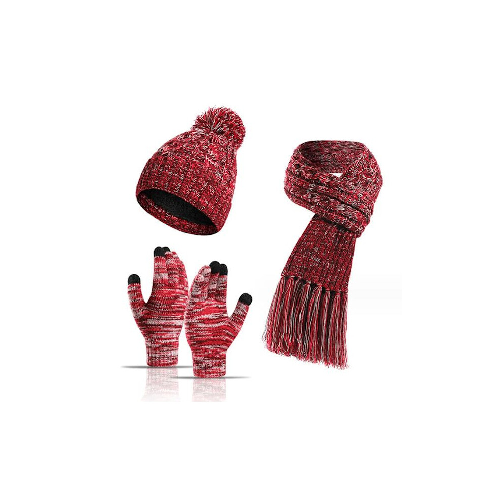 Bonnet d'hiver chaud pour homme, écharpe et gants tactiles, bonnet d'hiver antidérapants (rouge prune)