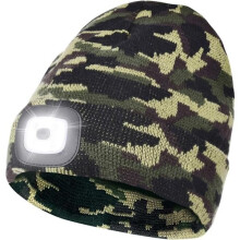 LED-Mütze mit Licht, Unisex Wiederaufladbare LED-Stirnlampenmütze, Camouflage Grün, Warme Strickmütze