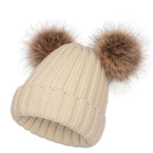 Damen Wintermütze, Strickmütze mit zwei Bommeln, Skimütze Beige