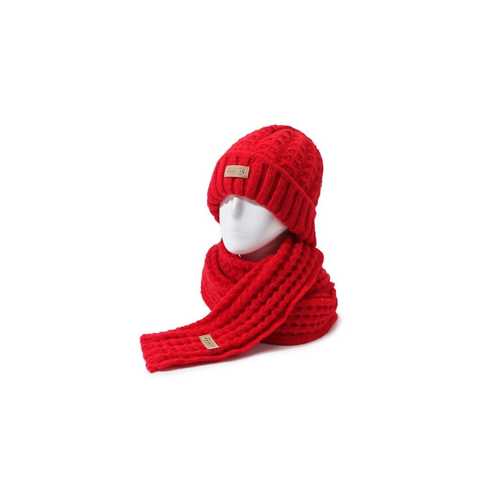 (Rouge) Ensemble bonnet et écharpe tricotés chauds d'hiver pour femmes, longs foulards et casquettes