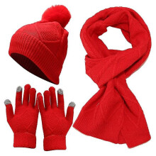 (rot)Wintermütze + Langer Schal + Handschuhe Set für Damen und Herren - rot
