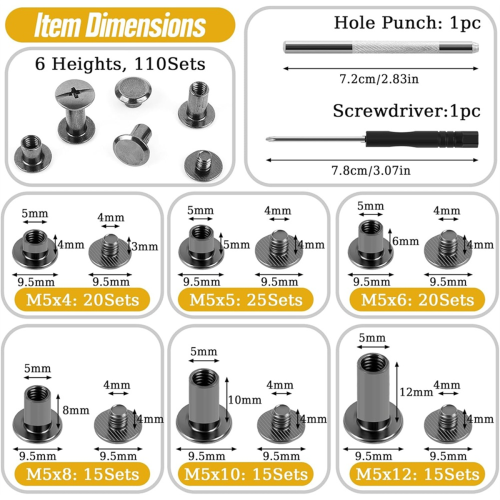 Binding Screws Assorted Kit,M5x4/5/6/8/10/12mm Book-Binding Rivets 1