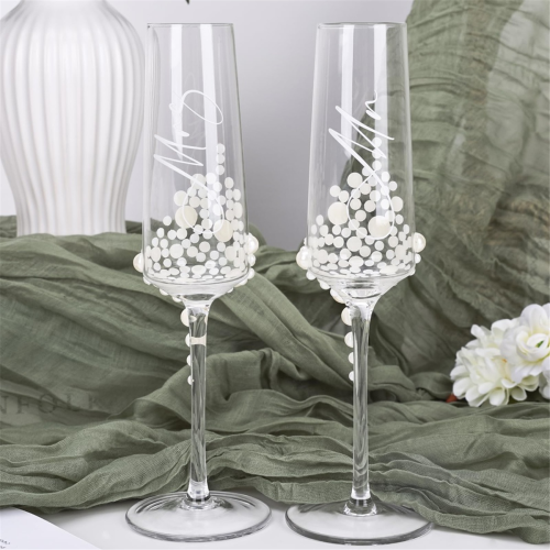 Elegant Pearl Crystal Champagne Glasses with Cursive Script Design 2