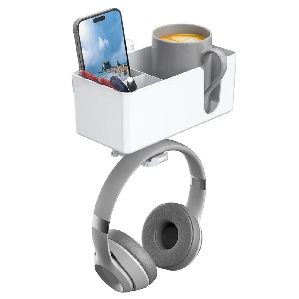 4in1 Desk Cup Holder Clamp on Under Desk Headphone Hanger White-image-OPC-PJVK6QC-NEW