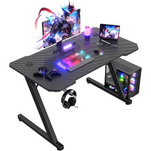 100x60cm Gaming Desk, Carbon Fiber Surface, Headset Holder & 2 Cable Management Holes, Black Metal Frame Computer Table