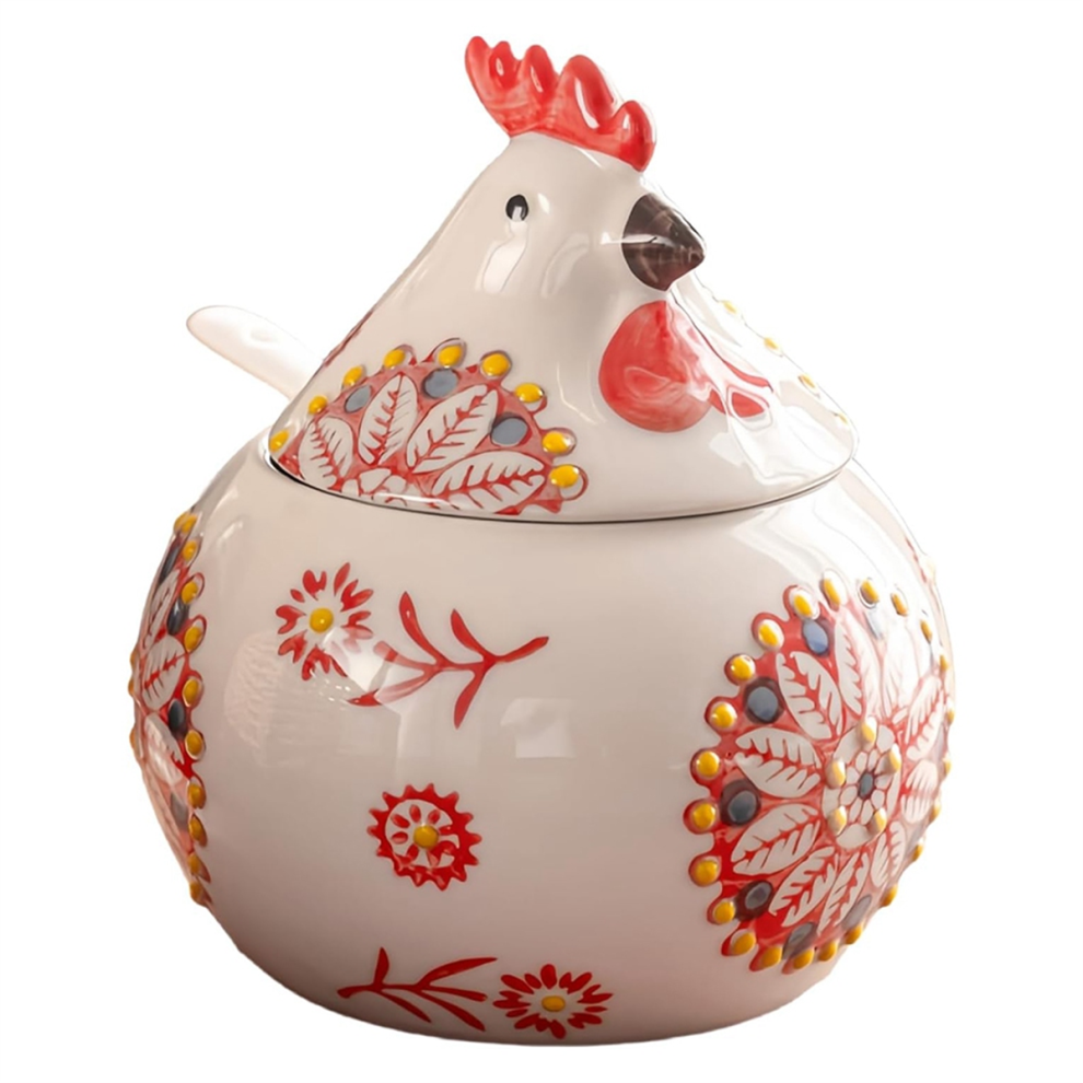 Ceramic Salt Cellar with Lid and Spoon, 13OZ Chicken Salt Jar, Red-image-OPC-PJVKB9K-NEW